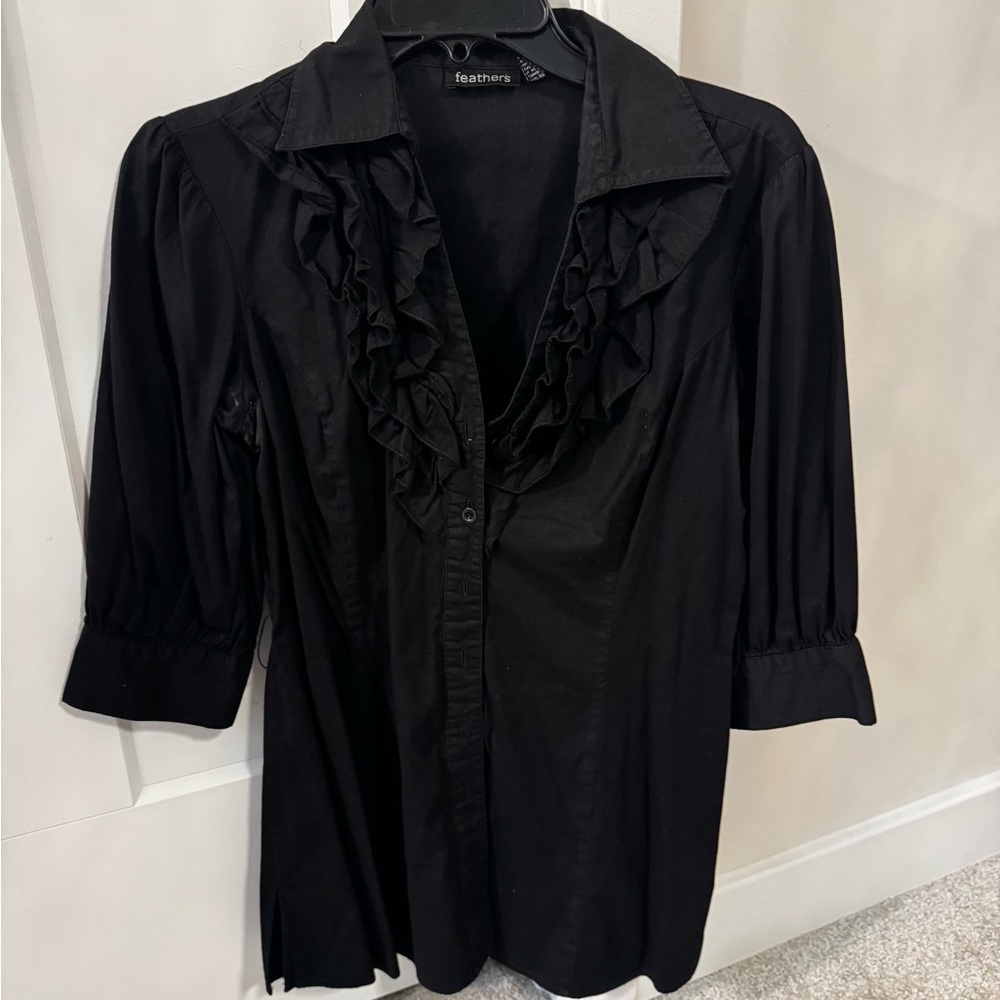 Feathers Black Ruffled 3/4 Sleeve Blouse - Picture 2 of 5